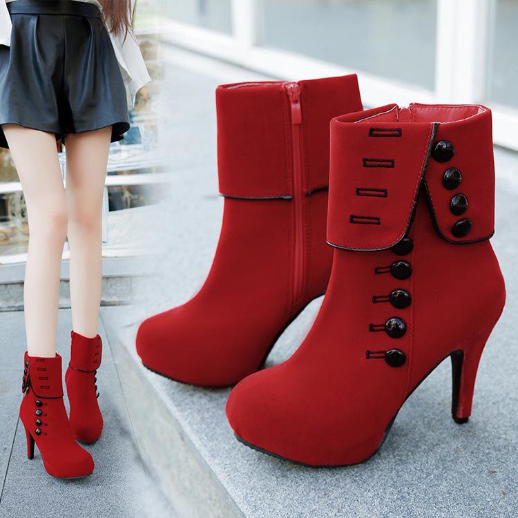 

2020 Fashion Women Ankle Boots High Heels Fashion Red Shoes Woman Platform Flock Buckle Boots Ladies Shoes Female PLUE 42, Black