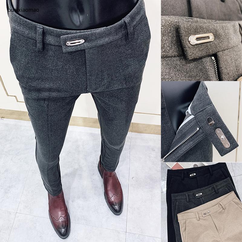 

2021 Autumn Winter Woolen Business Suit Pant Men Dress Pants Casual Slim Fit Streetwear Trousers Office Cigarette Pants Costume, Black