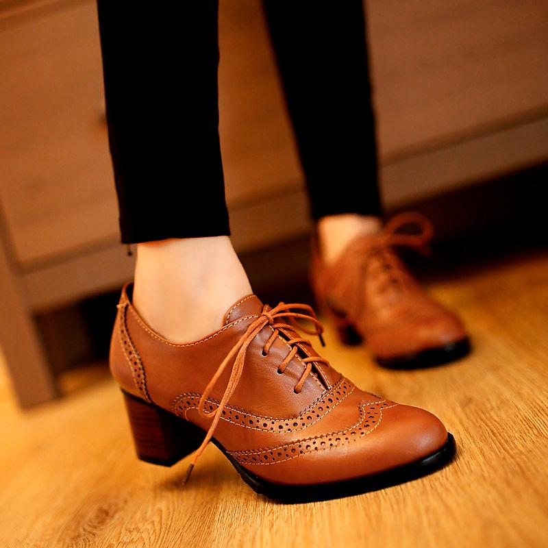 

Dress Shoes College Style British Retro Lace Up Work Oxford Carved Leather Middle Heel Thick Women's, Beige