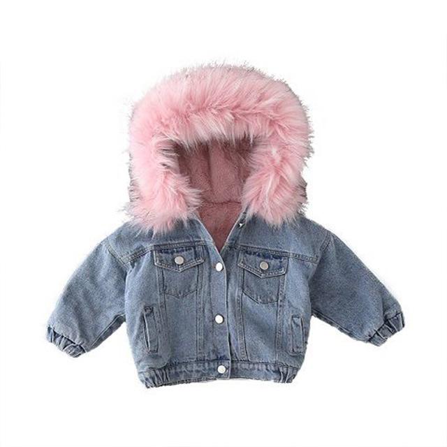 

Kids Denim Jackets Coats Warm Soft Clothes Hot Girls Winter Velvet Thickening Children's Denim Big Fur Collar Coats, Gray fur collar