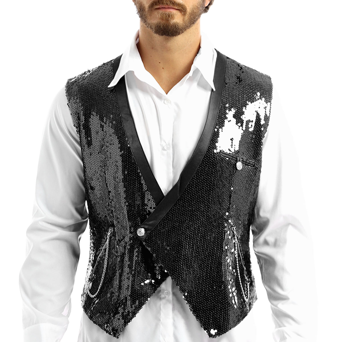 

Mens Gothic Steampunk Shiny Sequins Deep V-Neck Sleeveless Vest Victorian Renaissance Waistcoat Party Disco Rave Dance Tops, Black