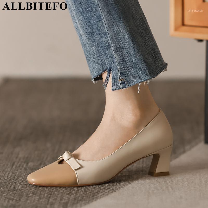 

ALLBITEFO high quality genuine leather bowtie thick heels party women shoes women high heel shoes autumn office ladies1, As picture