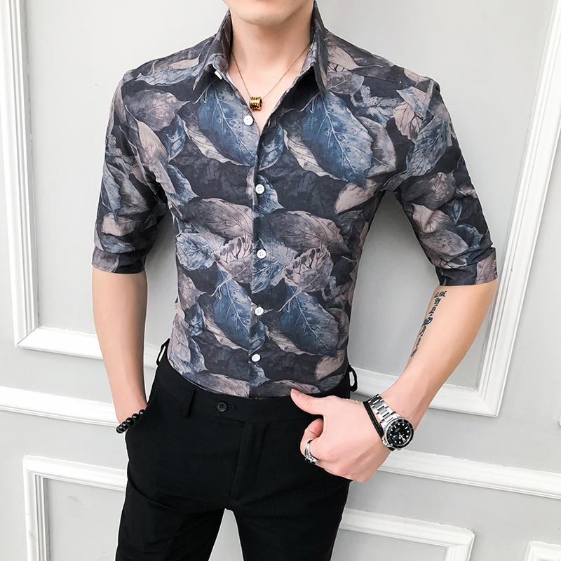

British Style Summer Men Dress Shirts Casual Slim Fit Half Sleeve Shirt Men Fashion Print Club Party Streetwear Social Blouse, 235
