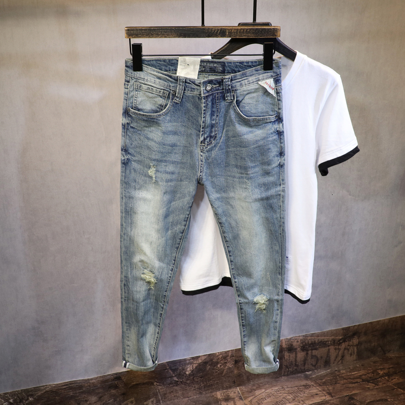 

2021 New Newly Designer Fashion Men Jeans High Quality Retro Blue Ripped Denim Casual Pencil Pants Vintage Slim Fit Elastic Long Trousers G3