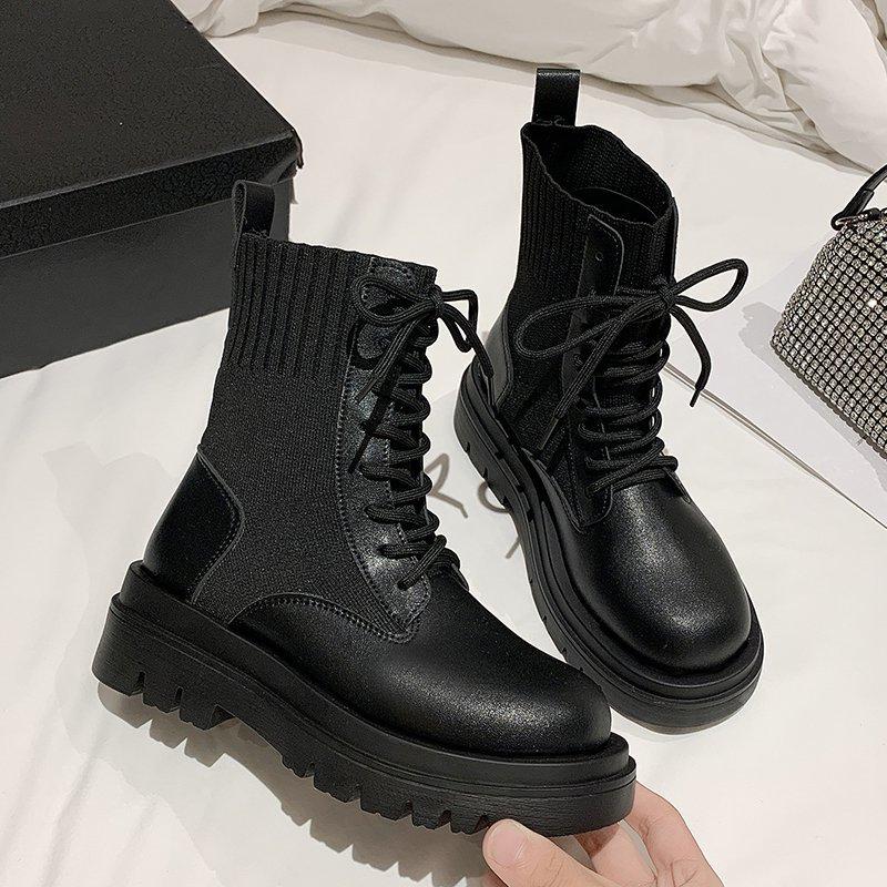 

Women Combat Boots 2021 Autumn Platform Gothic Shoes Warm Short Sock Boots Women Fashion Black Stretch Cloth Ankle