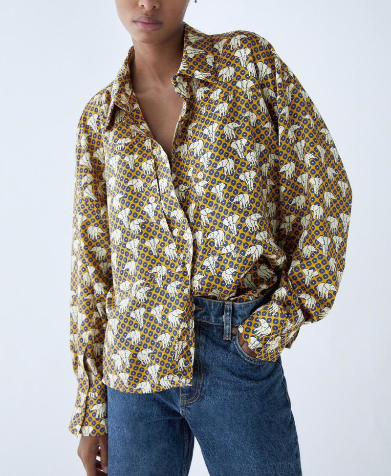 

Fall 2020 Women Elephant Animal Print Long Sleeve Shirt Korean Fashion Clothing Streetwear Casual Button Lapel Blouse Women Tops