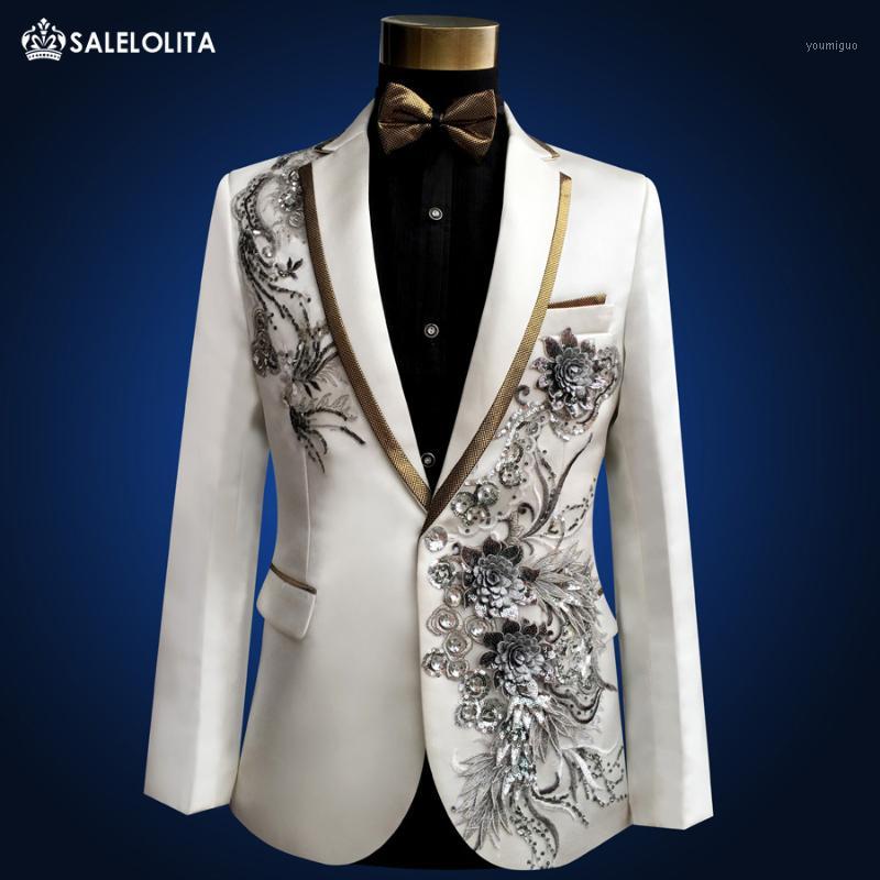 

Wholesale- Plus Size high quality Vintage Medieval White Embroidered with diamonds stage performance singer Suit & Blazer Costumes S-3XL1, As picture