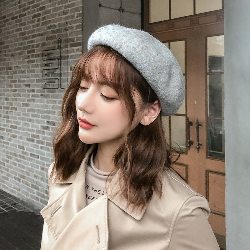

New Fashion Warm Wool Plain Beret Beanie Hat French Artist Kawaii Flat Top Caps Solid Color Cap Headwear For Sweet Women Girls, Light gray