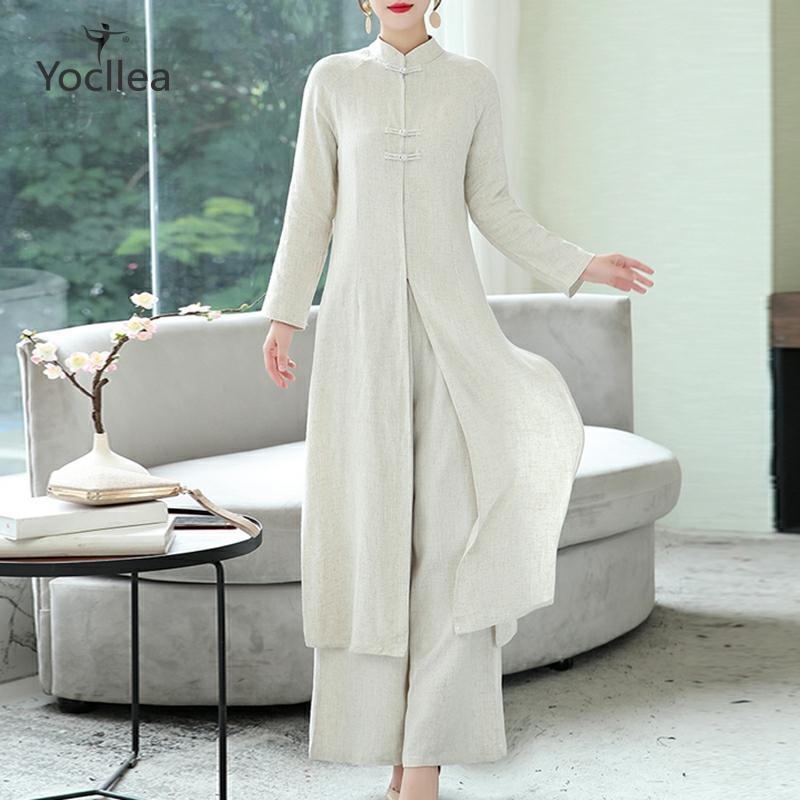 

Two piece set ladies 2020 Loose casual Long sleeve Cotton and linen dress wide leg pants Women's set 2 pieces T200702, Picture color