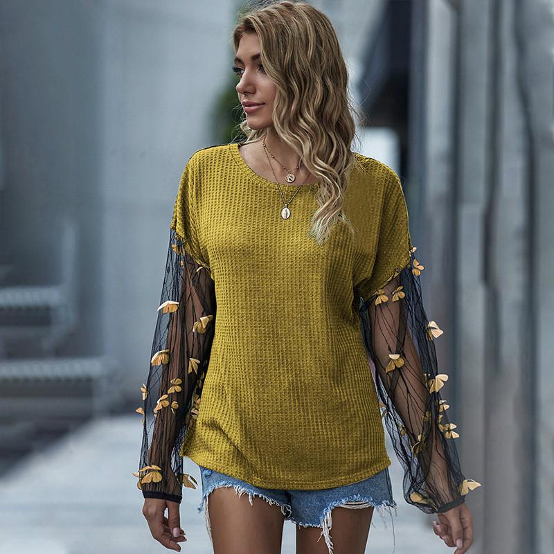 

Autumn Spring Fashion Lace Patchwork Knitted Sweater Women New Butterfly Mesh Lantern Sleeve Shirts Loose Round Neck Blusa Top, Purple