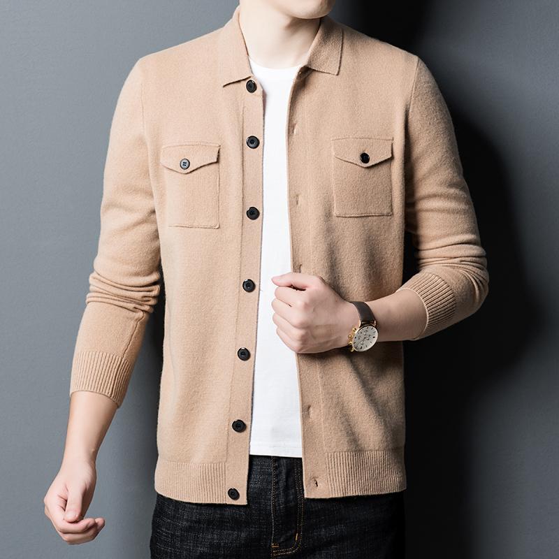 

100% Wool Men Knitted Cardigan 2020 Spring Autumn Men' long sleeve Single-Breasted Sweater Coat Jacket, Khaki