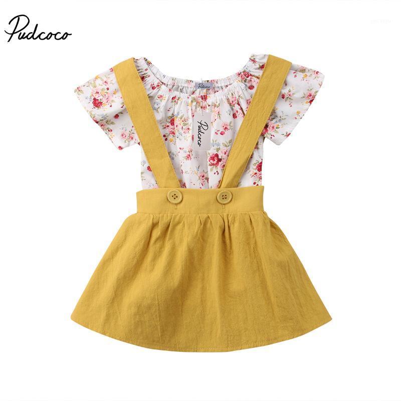 

2PCS Newborn Baby Clothes Sets Floral Rompers Kids Baby Girls Short Sleeve Tops Toddler Suspender Skirt Sundress Outfits 0-18M1, Yellow
