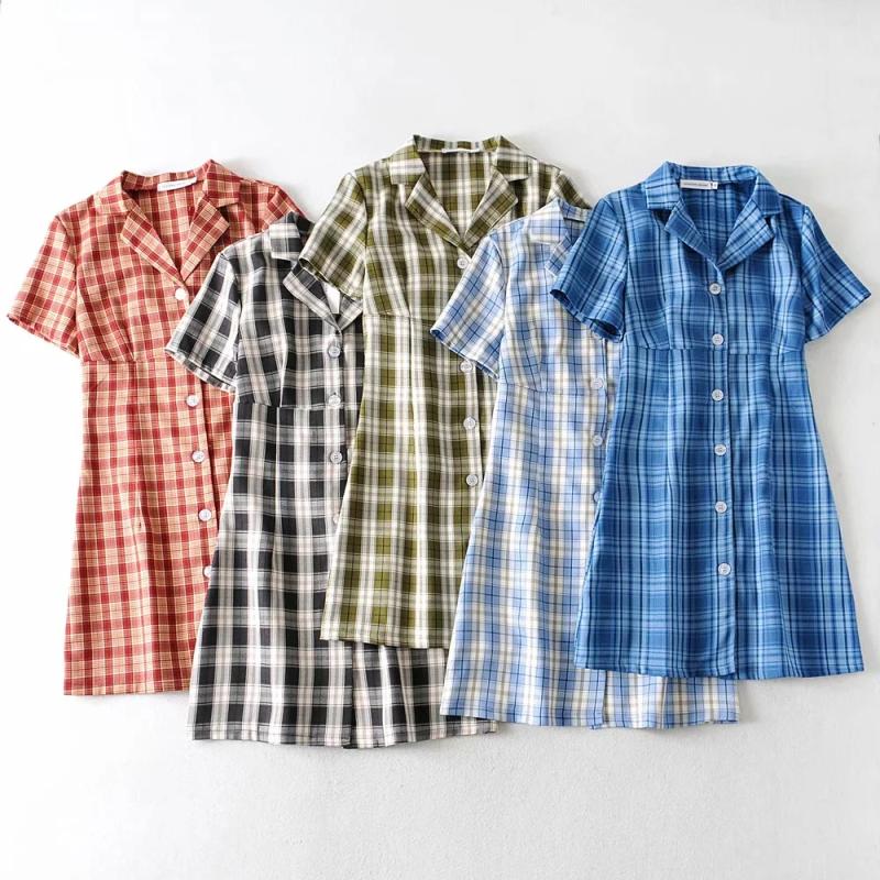 

Slim women vintage plaid midi dress 2020 summer fashion ladies elegant notched collar cute dresses female sweet dress girls chic, Black