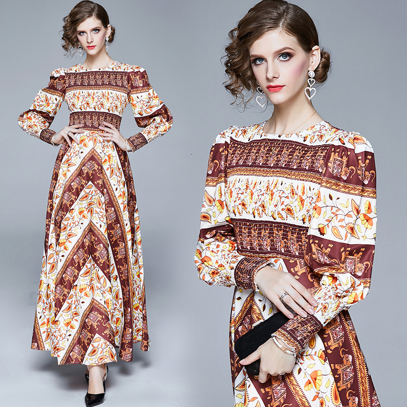 

2021 New Vintage Ethnic Style Elephant Flower Print Maxi Spring Autumn Women Lantern Sleeve Pleats Stretch Waist Long Ofuz, As picture