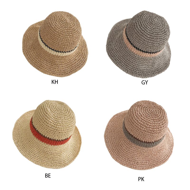 

Womens Handmade Crochet Straw Beach Sun Hat Contrast Color Stripes Adjustable Packable Wide Brim Sunscreen Holiday Bucket Cap, Be