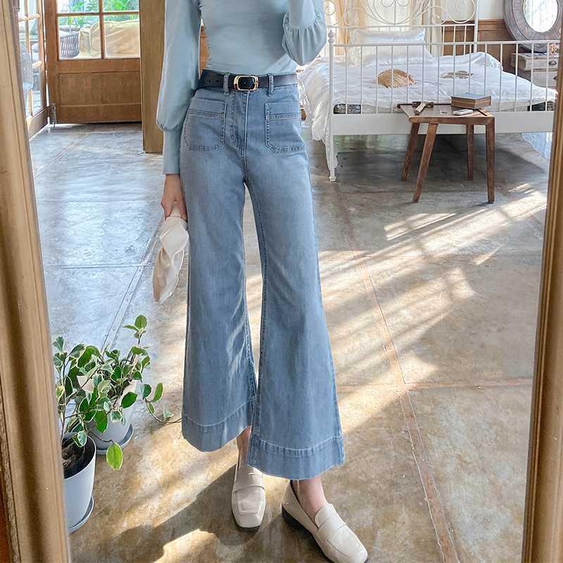 

Front Double Pockets Chic Design Loose Flare Pants Jeans for Women Ankle-Length High Waisted 2020 Autumn New Loose Office Lady1, Blue