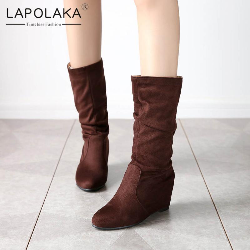 

Lapolaka 2021 New Arrivals Comfy Round Toe Super High Heel Slip-On Concise Elegant Pleated Dropship Mid Calf Boot Women Boots1, Brown