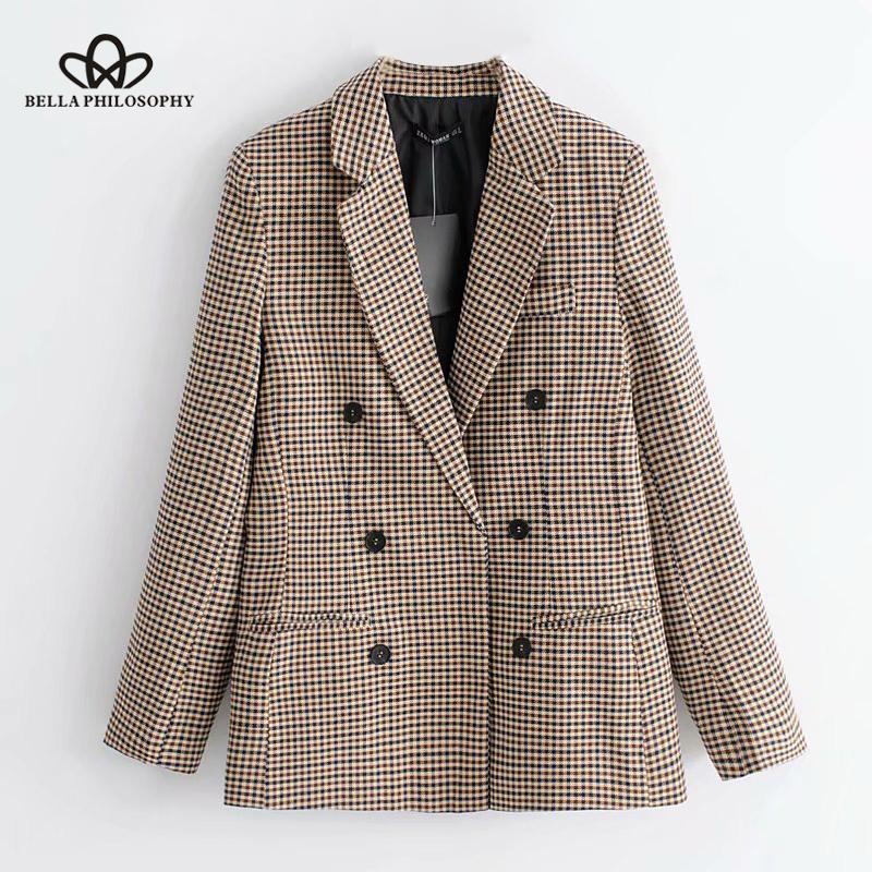

Herstory women vintage plaid long sleeve jacket double breasted blazer office lady outerwear 2021 autumn new tops, Khaki