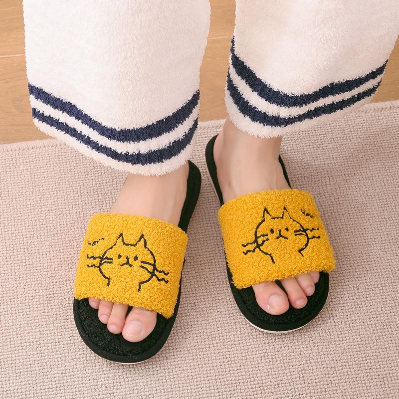 

House Cartoon Cats Couples Fur Slippers For Women Bedroom Cotton Plush Warm Flat Ladies Shoes Non-slip Indoor Women Fuzzy Slides, Green