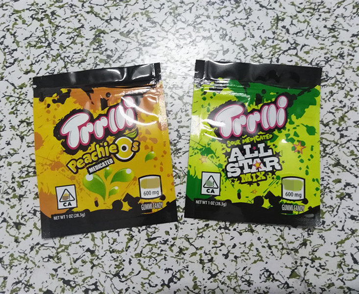 

Trrlli mylar bag zipper resealable peachieos sour medicated edibles packaging 600mg fast shipping 2021 custom print
