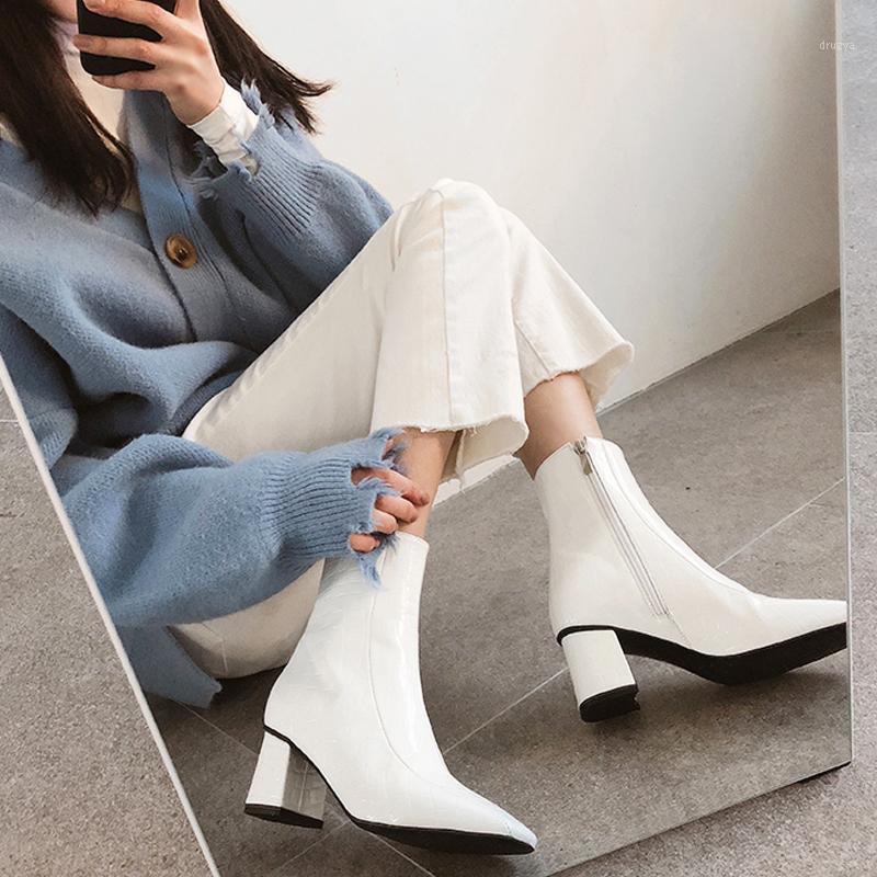 

Boots Leather Shoes for Winter Woman Formal Wear Autumn Genuine Leather Female Ankle Boots Square Head Thick Heel Size 33-421, White 6cm