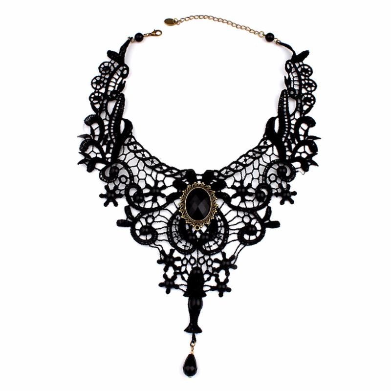 

Chokers 2021 Sexy Black Lace Collar Choker Crystal Necklaces Women Victorian Statement Big Chocker Gothic Vintage Jewelry N1641