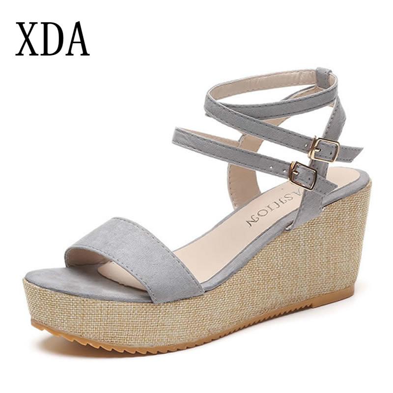 

XDA 2021 New casual Sandals Women Shoes Fashion slip Platform Wedges High Heeled Suede Roman Sandals black grey size 35-40 B118