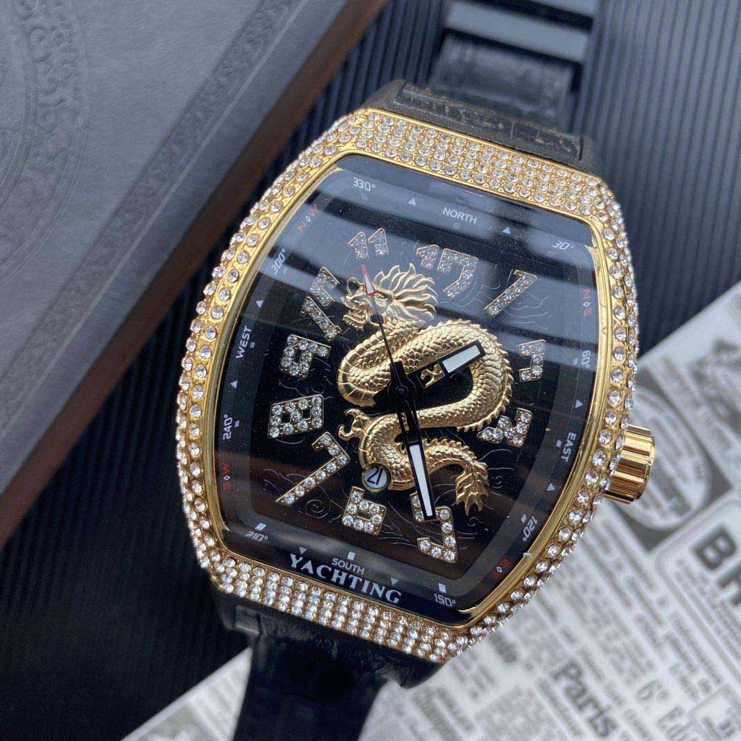 

Fashion Brand Watches Men Tonneau Crystal Loong style Rubber Leather strap wrist Watch Muller FM18, Slivery;brown