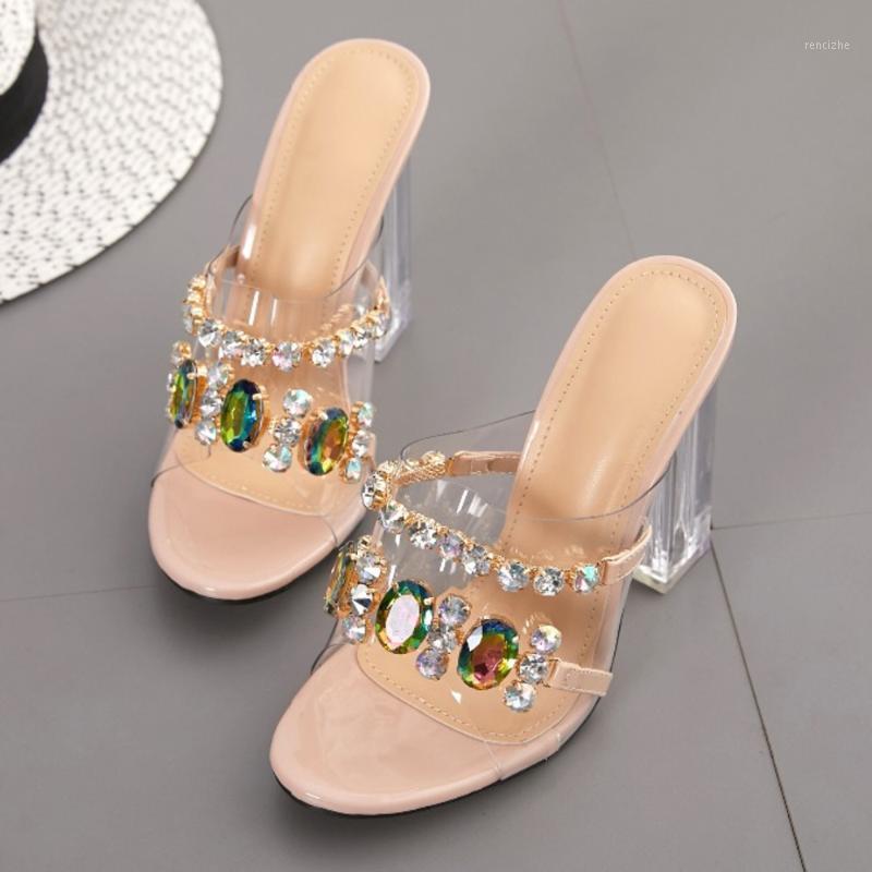 

Summer Fashion Crystal Diamond Slides Clear PVC Transparent Slippers Women Shoes Peep Toe High Heels Mules Dress Pumps1, Apricot