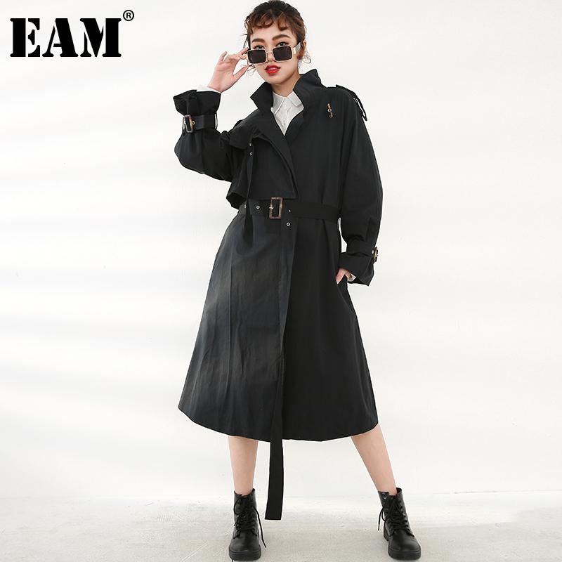 

EAM] Women Big Size Long Black BandageTrench New Lapel Long Sleeve Loose Windbreaker Fashion Spring Autumn 2021 1DC70501