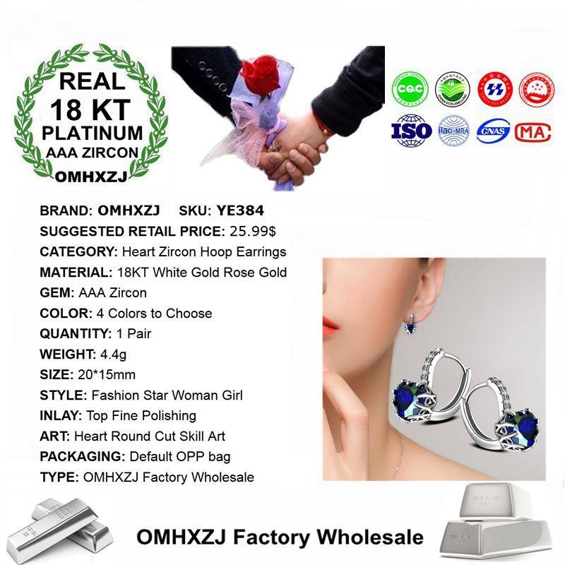 

OMHXZJ Wholesale Personality Fashion Woman Girl Wedding 4 Colors Heart Zircon 18KT White Gold Rose Gold Hoop Earrings YE3841