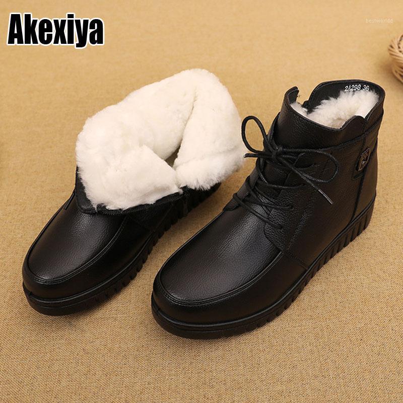 

High Platform Women Snow Boots Warm Wool Plush Ankle Boots Lace Up Real Leather Casual Shoes Female Heels Black p5931