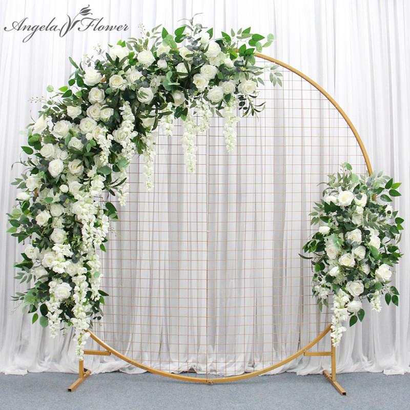 

Homemade Moon Shape Artificial flower Row Runner Rose Mix Greenery Hanging Wisteria Wedding Arch Backdrop Decor Party Rose Wall, White a