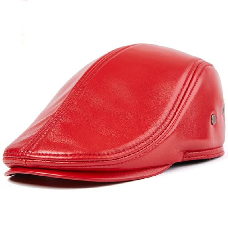 

T-MAC 2020 high quality fashion cap male spring autumn first layer sheepskin beret leather middle aged earmuffs forward hat, As shown