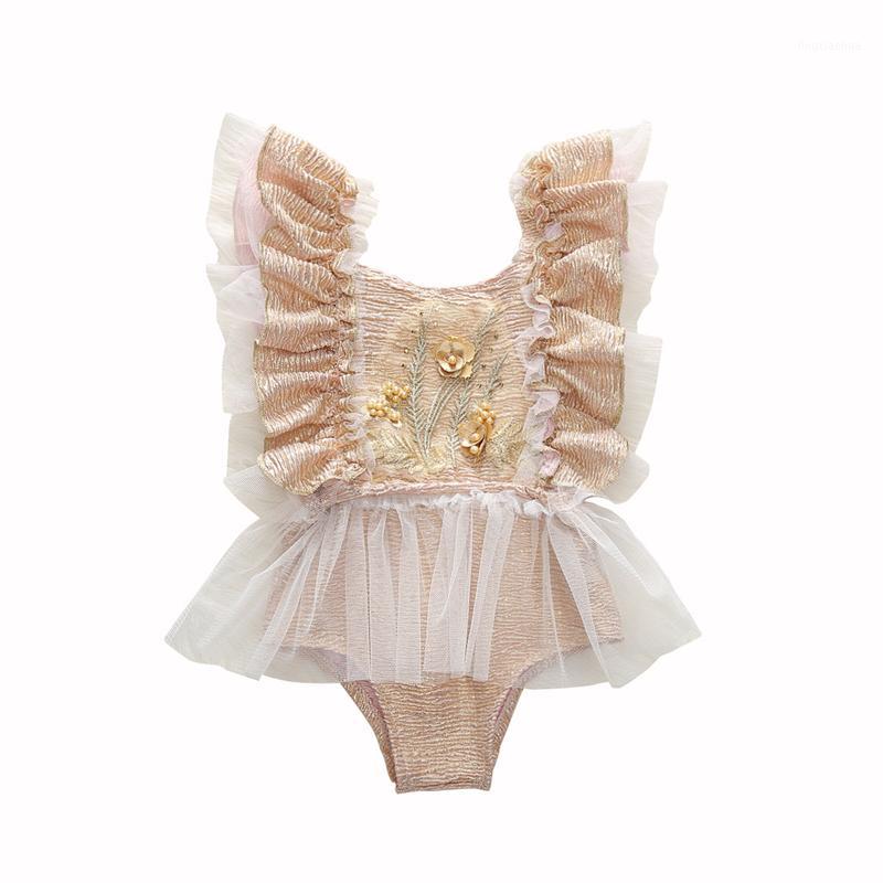 

Brand high-quality baby girls three-dimensional embroidered contrasting mesh gauze flying sleeves jumpsuit romper1, Gray