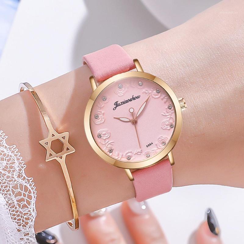 

Elegant Women Pink Dress Watches Luxury Fashion Ladies Bracelet Watch Casual Flower Dial Design Female Quartz Thin Leather Clock1, Brown