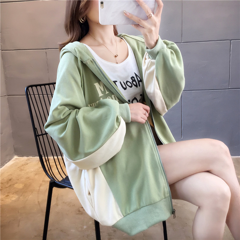 

2021 Spring Long Sleeve Hooded Casual Hoodie New Fashion Patchwork Zipper Jacket Tops Large Size Women's Sweatshirt Coat Y61 60ov, Green