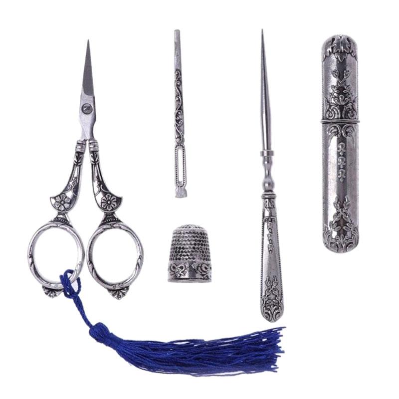 

Sewing Scissors Set Vintage Embroidery Tool Alloy Awl Threader Thimble Needle Case Kit LB88