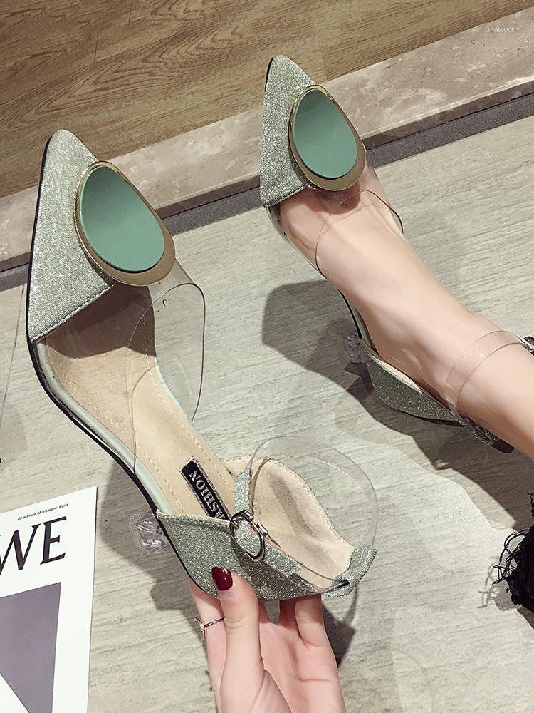 

Women's Shoes High-heeled Shoes 2021 New Summer Rough-heeled Crystal Cut-button Transparent Tip Sandals1, Green