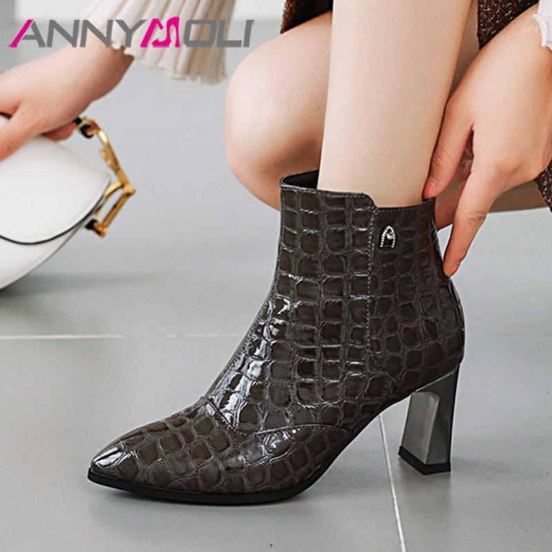 

ANNYMOLI Autumn Ankle Boots Women Patent Leather Block High Heels Short Boots Zip Pointed Toe Shoes Lady Winter Plus Size 33-461, Black