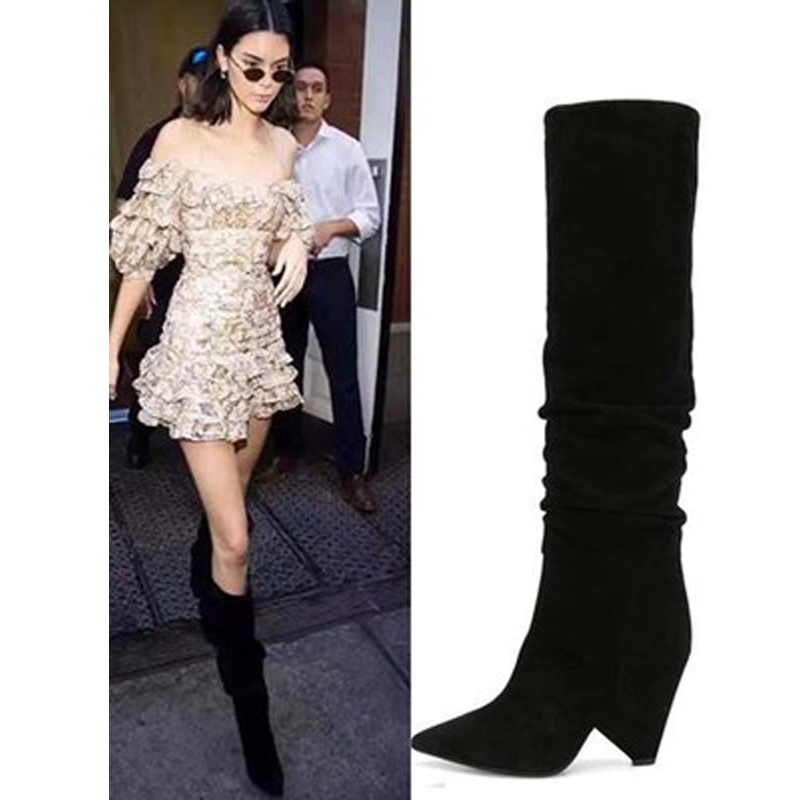 

Siddons 2020 Black Suede Women Knee High Boots Pointed Toe Spikes Heels Sexy Ladies Party High Heel Shoe Woman Slip On Long Boot