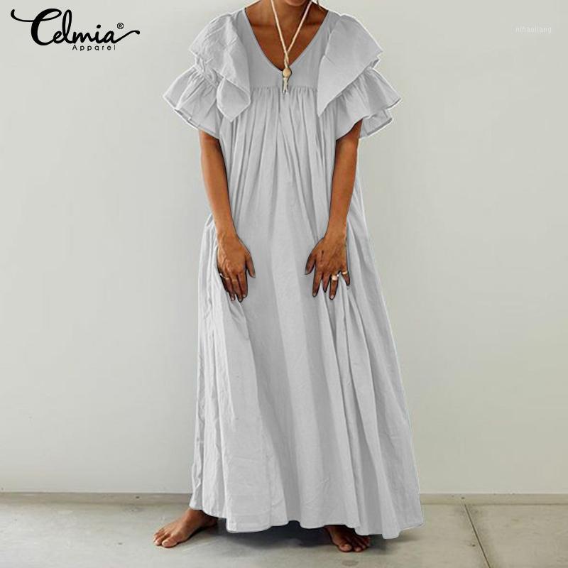 

Bohemian Dress Women Pleated Long Party Dress Celmia 2019 Summer Sexy V-neck Ruffles Sleeve Casual Loose Maxi Vestidos Plus Size1, Black