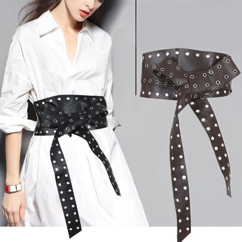 

HATCYGGO Waist Belts For Women Leather Rivet Wide Belt Cummerbund Female Corset Belts Designer Long Belt Decorative Waistband, White