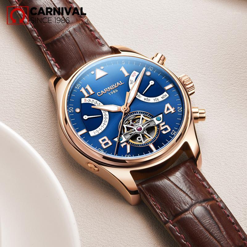 

Wristwatches Luxury Carnival Tourbillon Sapphire Stainless Steel Automatic Waterproof Leather Watch Relogio Masculino Clock1, Black