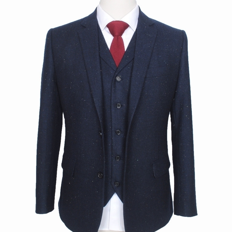 

Custom Made Retro melange color spot copper navy woolen tweed suit British style Mens suit slim fit Blazer wedding suit 3pcs 201123, 52 light grey