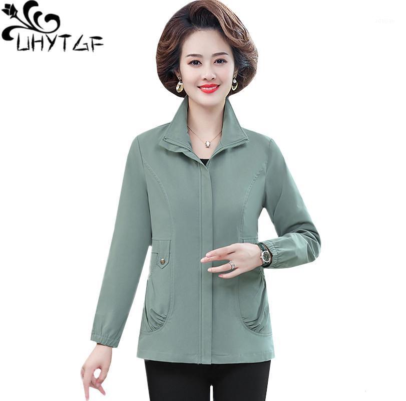 

UHYTGF Women Spring Autumn Coats 2020 Mid-Length Elegant Mother Plus Size Jacket Long Sleeves Casual Female Thin Clothes 18371, Green