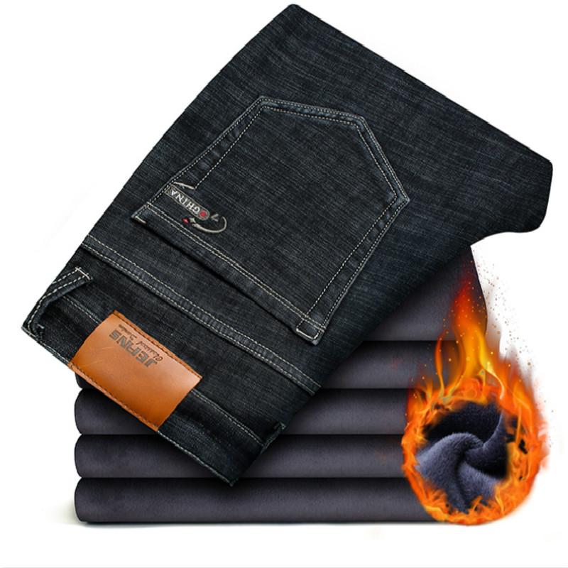 

2020 Winter Men's Warm Black Fleece Jeans Elasticity Slim Fit Thicken Denim Pants EmbroideryTrousers Male Bule Big Size 38 40 42