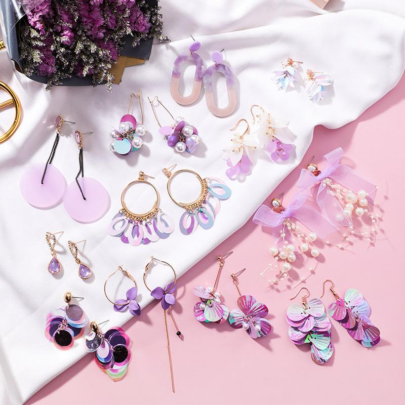 

2020 Japanese Korean Girl Flowers Cute Earrings Dream Purple Sequin Long Drop Earrings for Fashion Women Jewelry Accessories