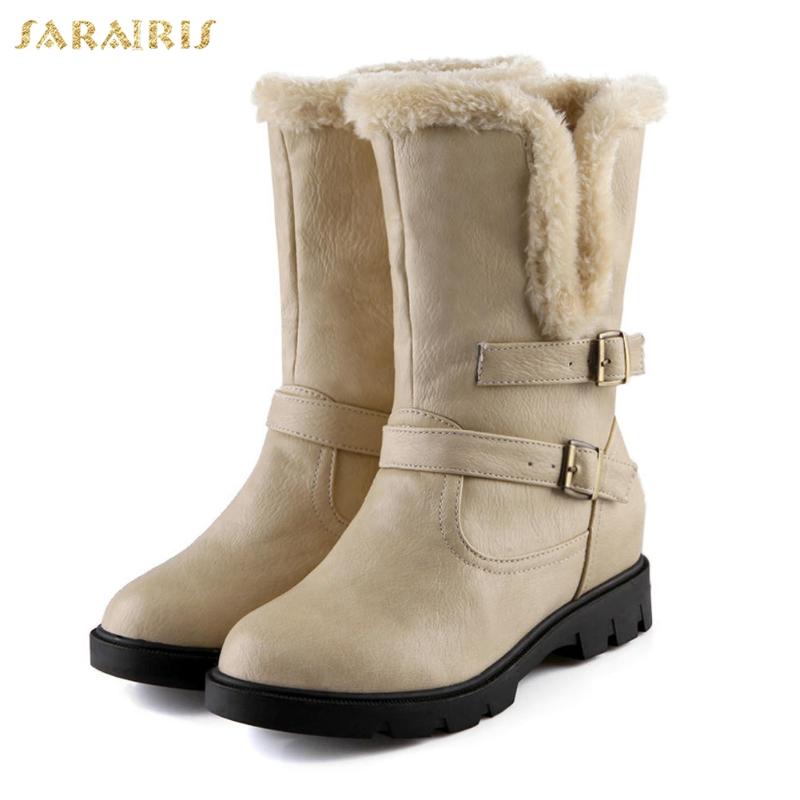 

SARAIRIS on sale keep warm plush add fur warm snow boots woman shoes slip on increasing heels mid calf boots female shoes woman, Black