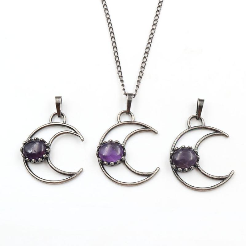 

YJXP Crescent Pattern Pendant Necklaces for Women Men Crown Shaped Inlay Natural Crystal Quartzs Ellipse Stones Vintage Jewelry